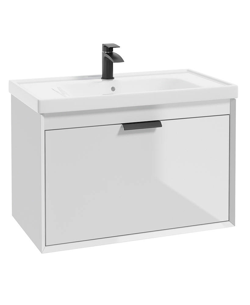 Fjord Gloss White  80cm Wall Hung Vanity Unit-Matt Black Handle