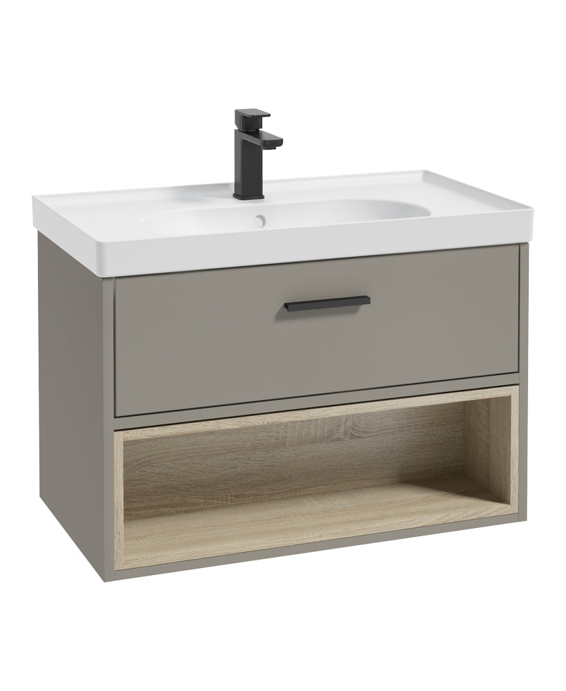 Malmo 80cm Single Drawer, Open Shelf Unit, Khaki, Black Handle, Matt Basin