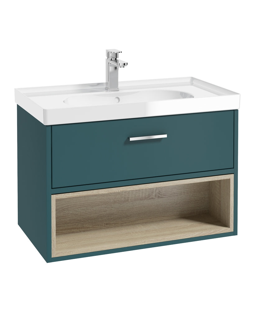 Malmo 80cm Single Drawer, Open Shelf Unit, Ocean Blue, Chrome Handle, Gloss Basin
