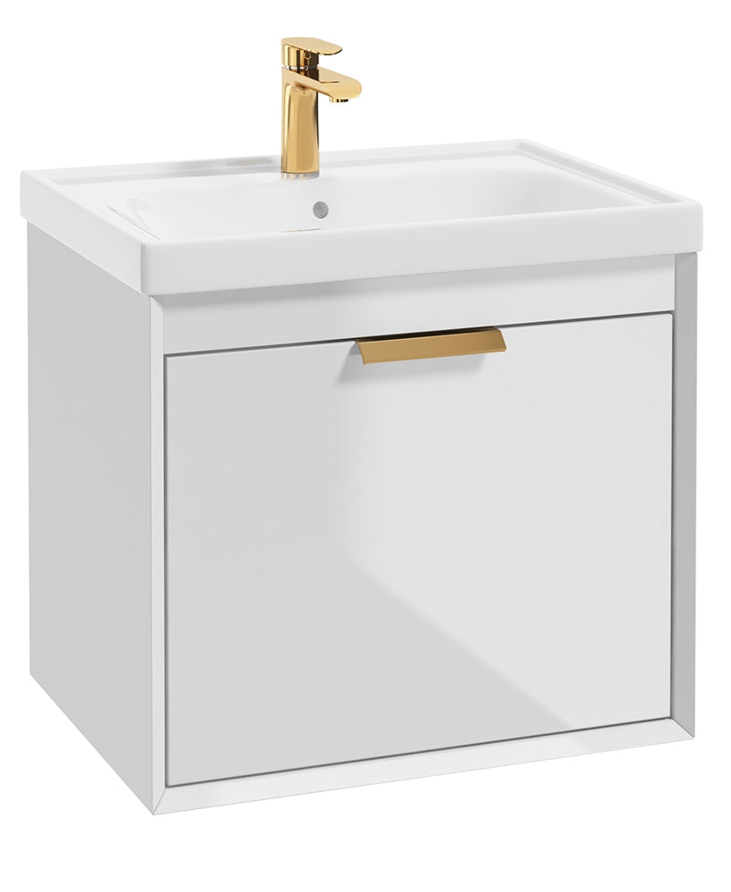 Fjord Gloss White  60cm Wall Hung Vanity Unit-Brushed Gold Handle