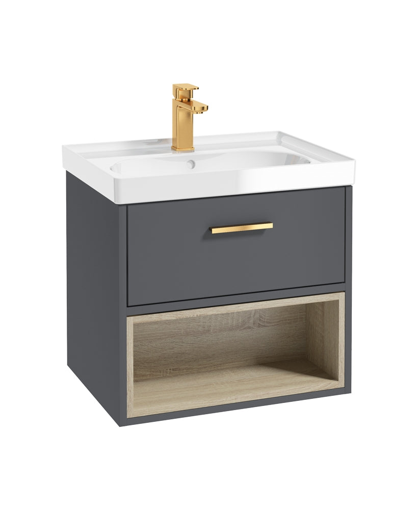 Malmo 60cm Single Drawer, Open Shelf Unit, Midnight Grey, Brushed Gold Handle, Gloss Basin