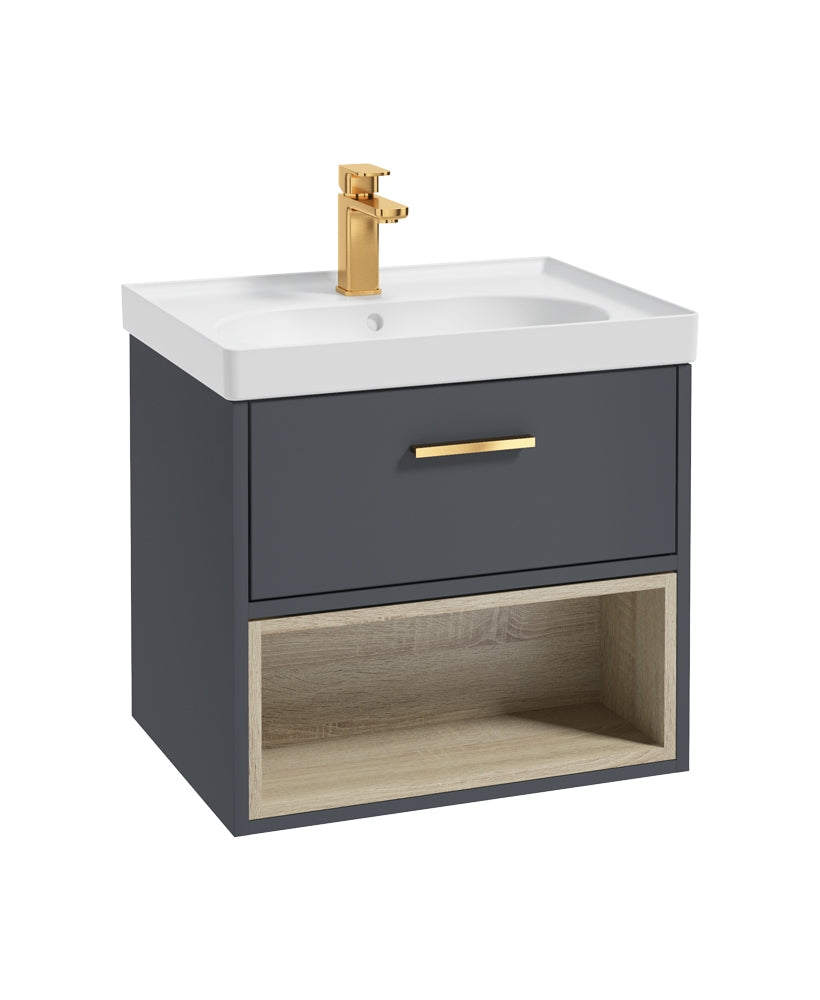 Malmo 60cm Single Drawer, Open Shelf Unit, Matt Night Sky Blue, Brushed Gold Handle, Matt Basin