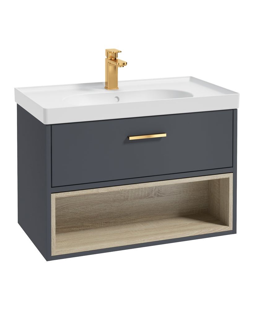 Malmo 80cm Single Drawer, Open Shelf Unit, Matt Night Sky Blue, Brushed Gold Handle, Matt Basin